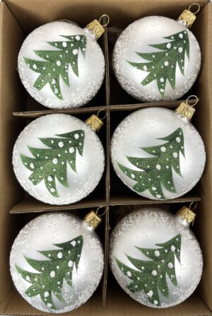 Vianočné gule 24/8926/7/6ks - 104, zelené stromčeky zasnežené